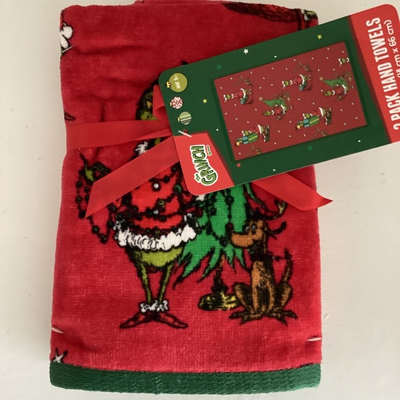 NWT PACK OF TWO GRINCH HAND TOWELS IN RED COLOR 16”x26” - Picture 2 of 9